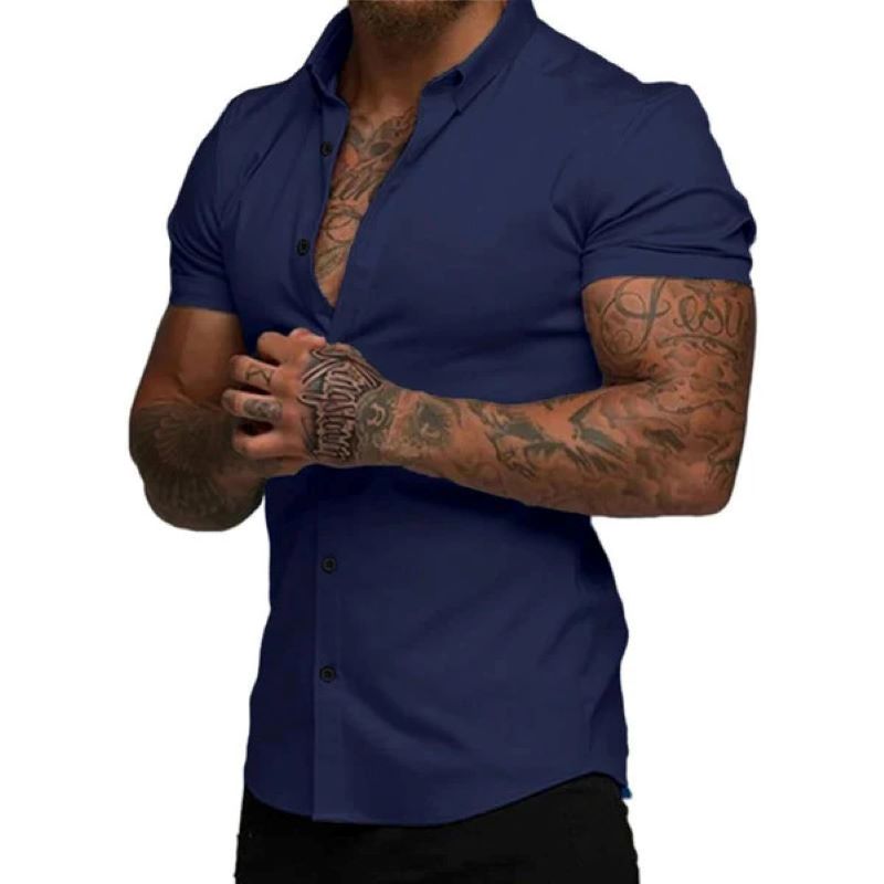 Men's solid color lapel short sleeve shirt