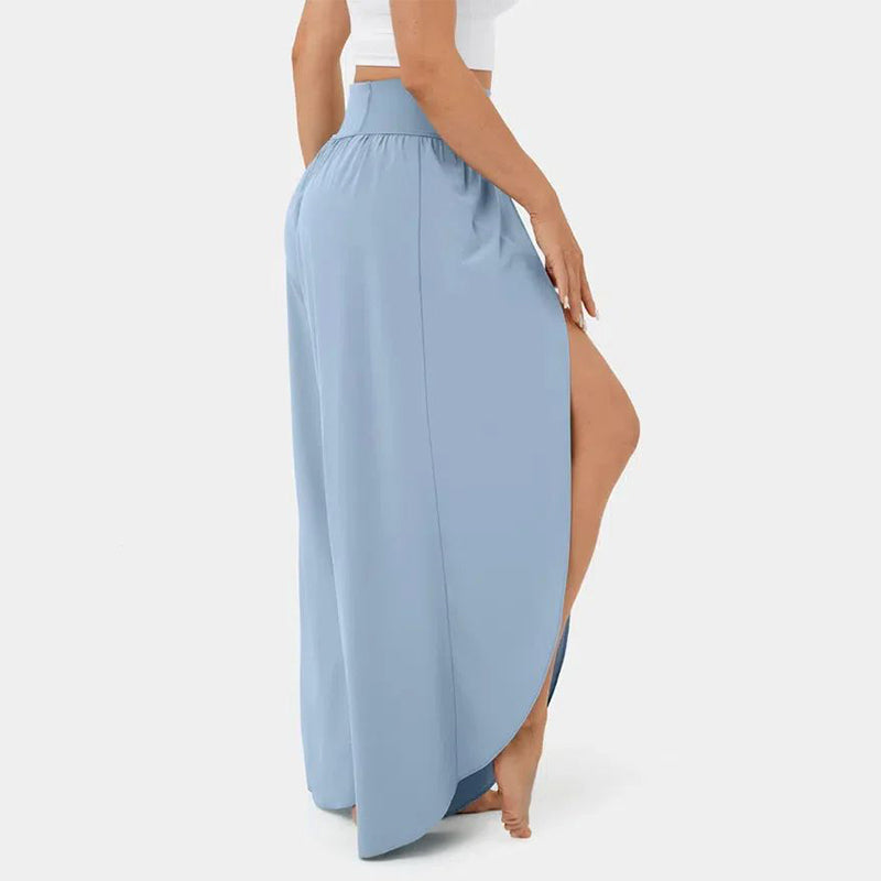 High Waist Back Pocket Flowy Slit Wide Leg Quick Dry Casual Pants
