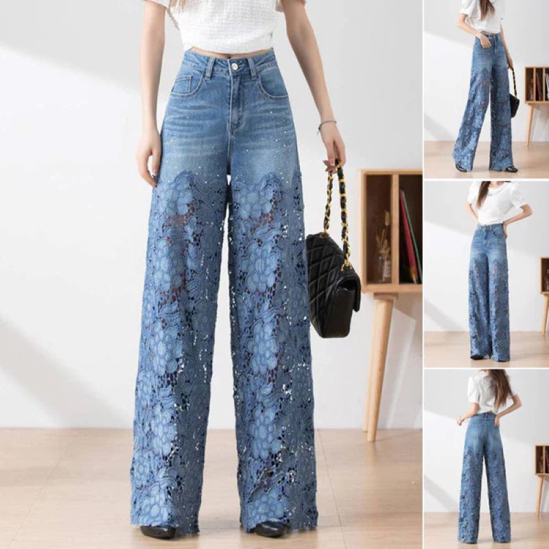 Women's hollow lace patchwork jeans