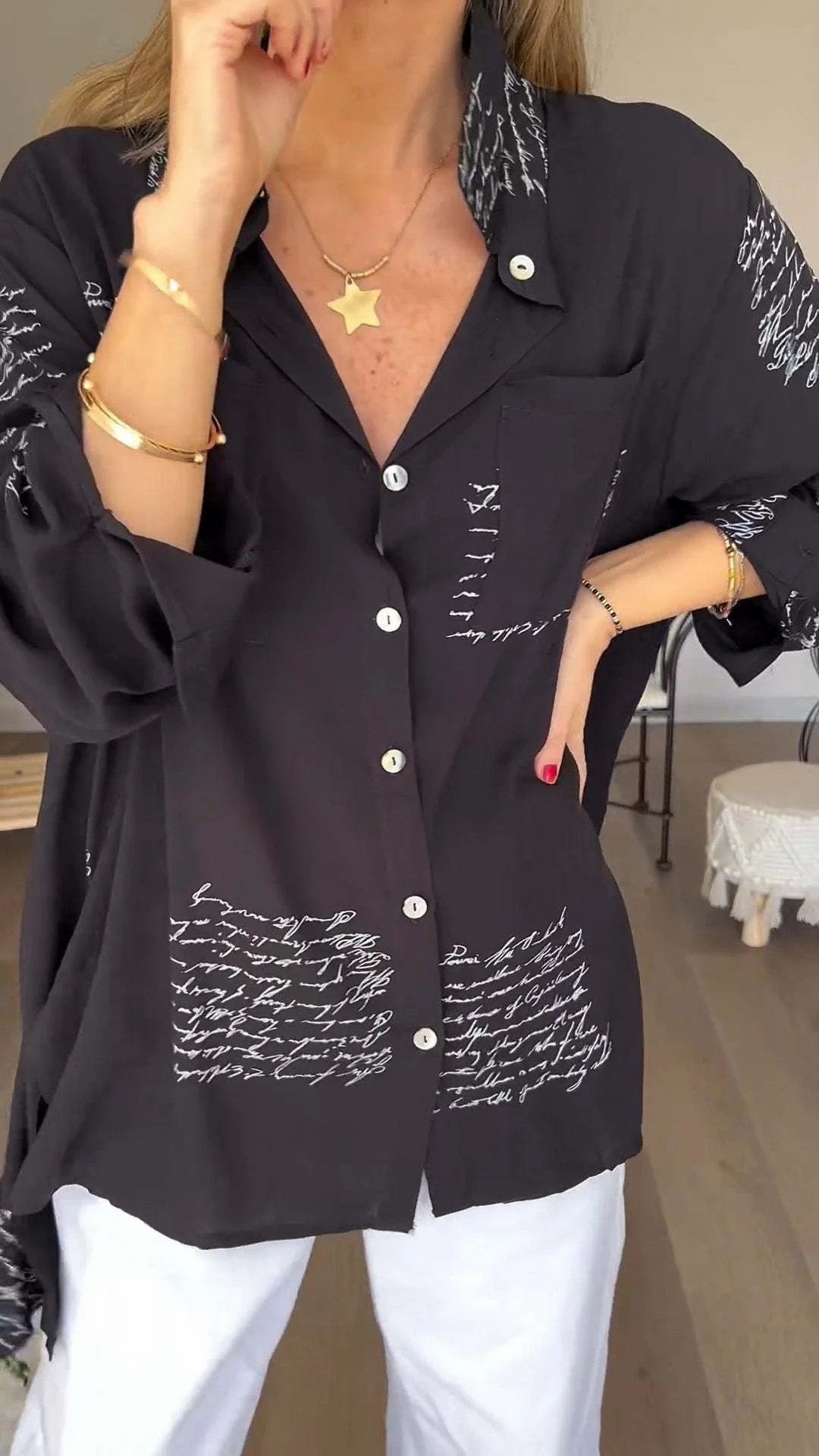 Trendy letter print cuffed shirt