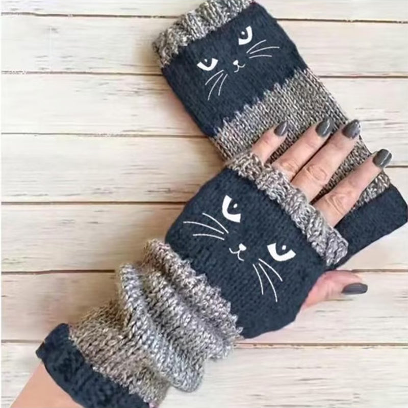 Women's Knitted Cute Cat Pattern Fingerless Gloves