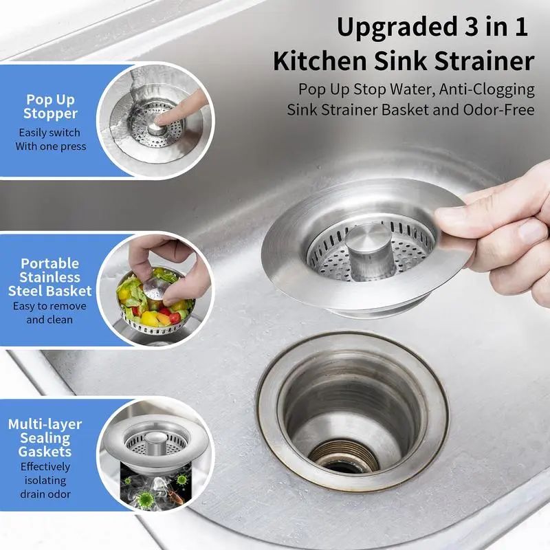 Stainless steel kitchen sink pop-up drain