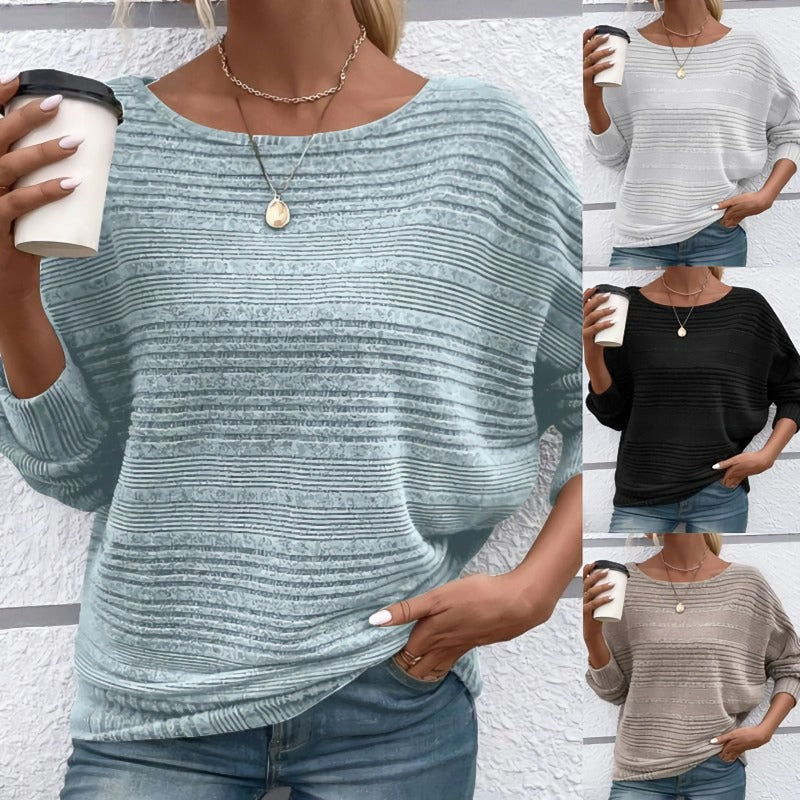 Solid Round-Neck Striped Top with Long Sleeves