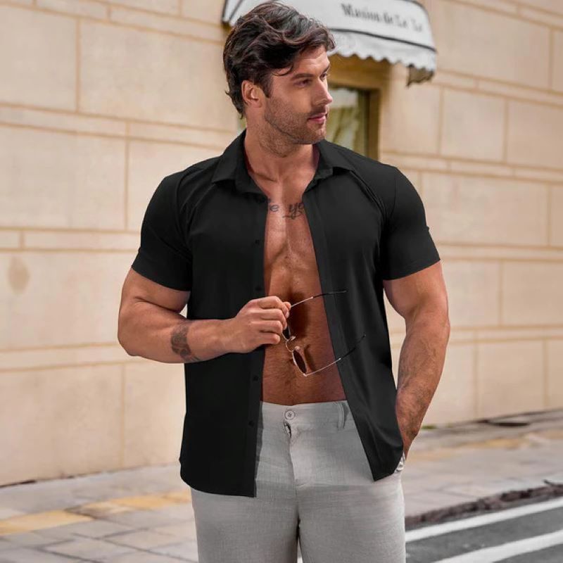 Men's solid color lapel short sleeve shirt