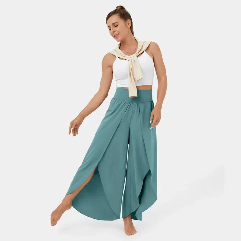 High Waist Back Pocket Flowy Slit Wide Leg Quick Dry Casual Pants