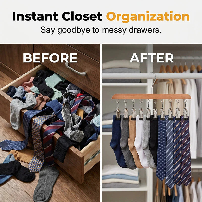 Wooden multi-clip hanger for wardrobe storage