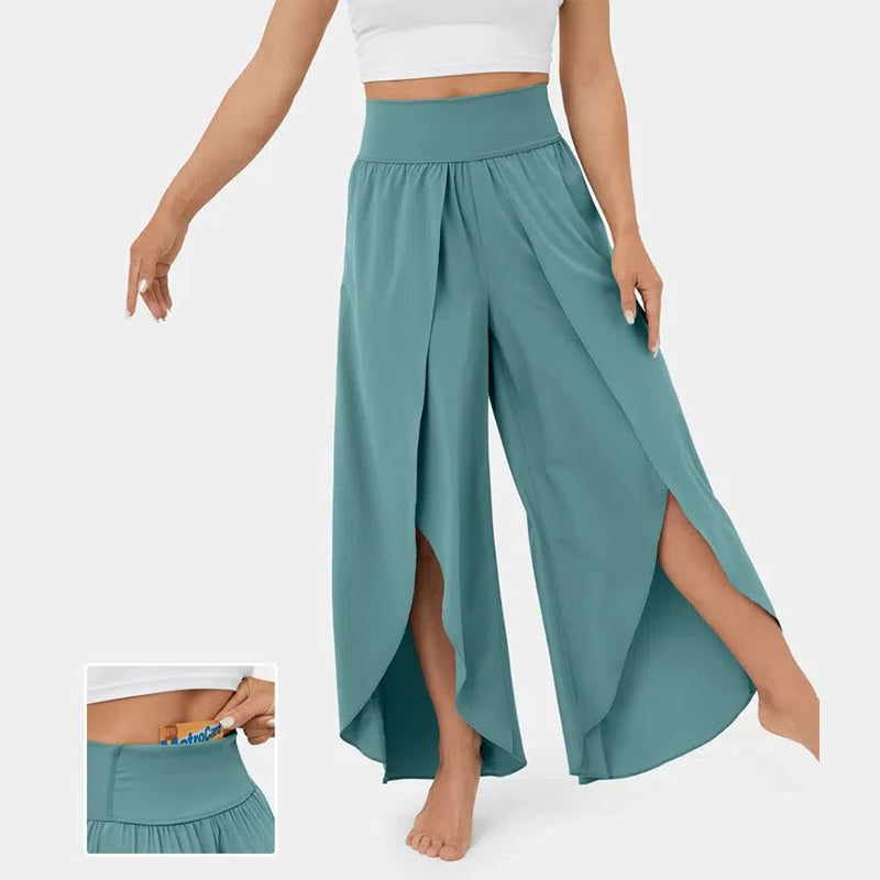 High Waist Back Pocket Flowy Slit Wide Leg Quick Dry Casual Pants
