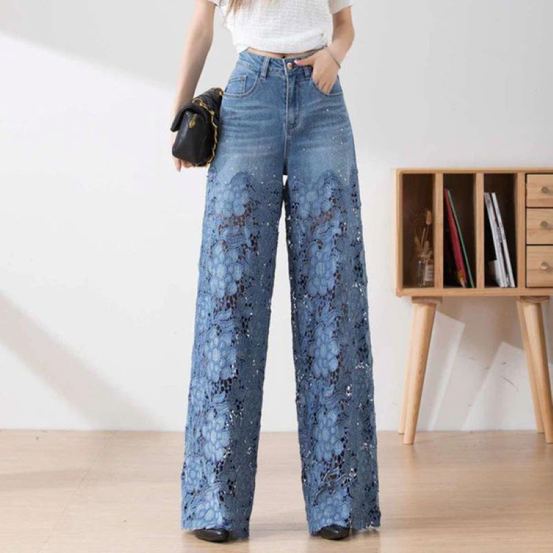 Women's hollow lace patchwork jeans