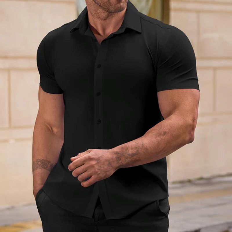 Men's solid color lapel short sleeve shirt