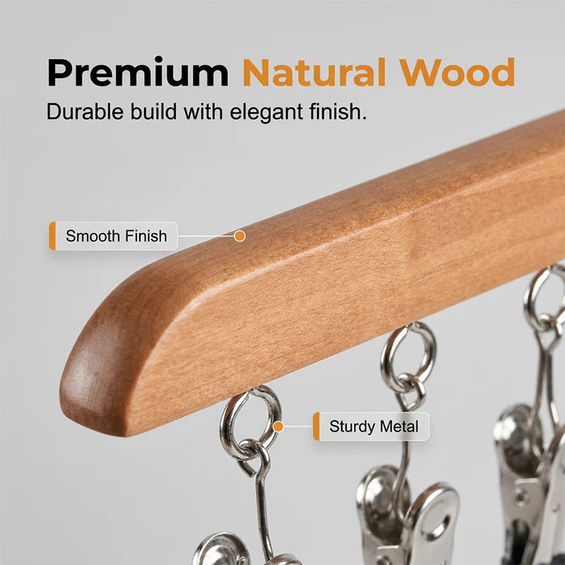 Wooden multi-clip hanger for wardrobe storage