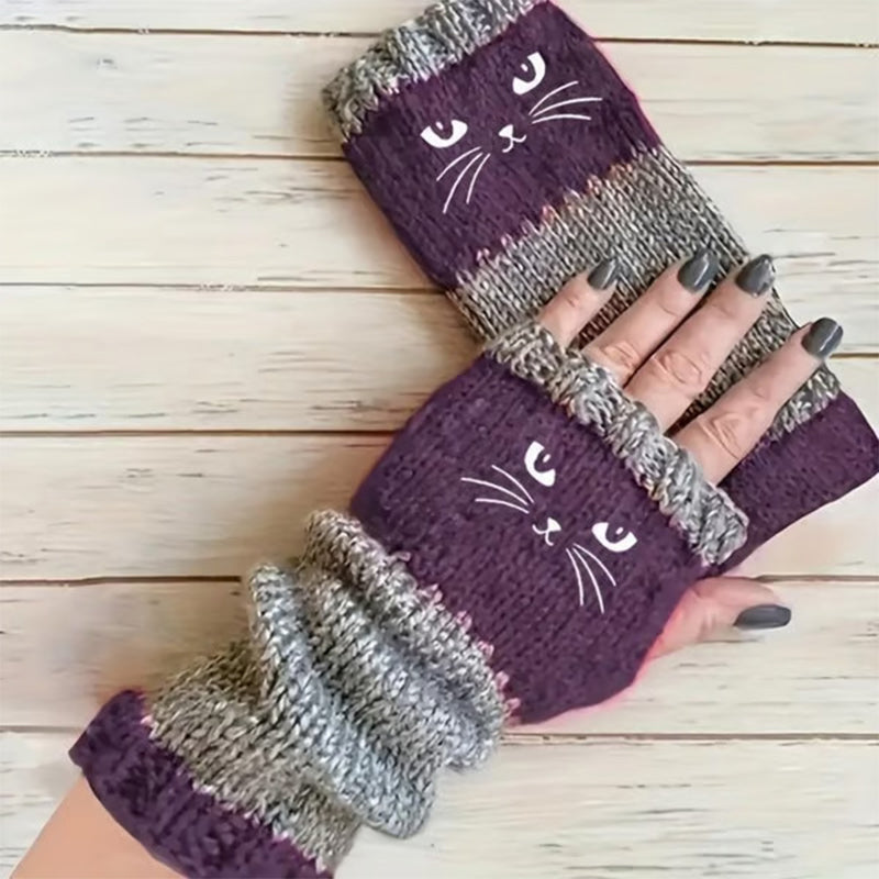 Women's Knitted Cute Cat Pattern Fingerless Gloves
