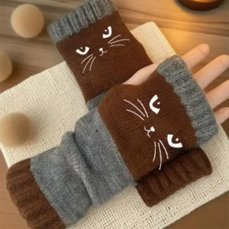 Women's Knitted Cute Cat Pattern Fingerless Gloves