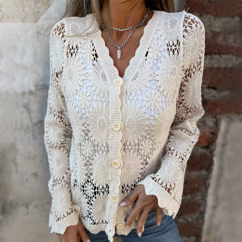 Women's V-neck lace long-sleeved top