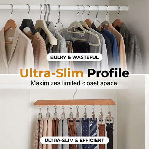 Wooden multi-clip hanger for wardrobe storage