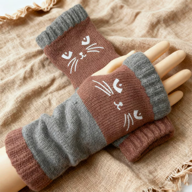 Women's Knitted Cute Cat Pattern Fingerless Gloves