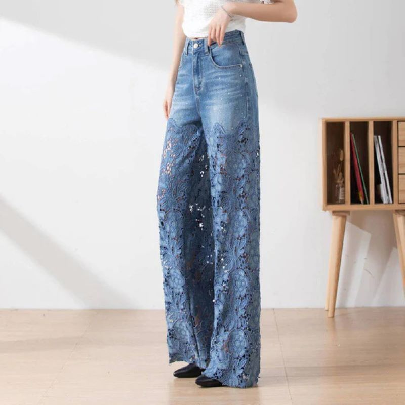 Women's hollow lace patchwork jeans