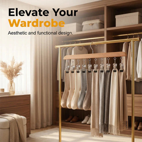 Wooden multi-clip hanger for wardrobe storage