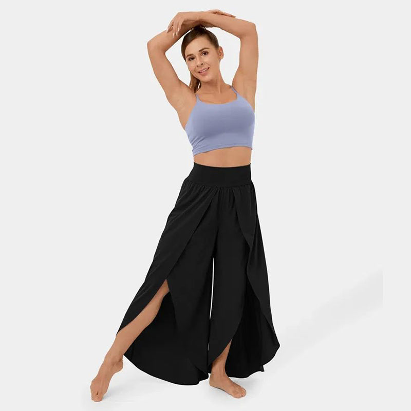 High Waist Back Pocket Flowy Slit Wide Leg Quick Dry Casual Pants