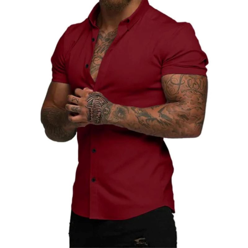 Men's solid color lapel short sleeve shirt