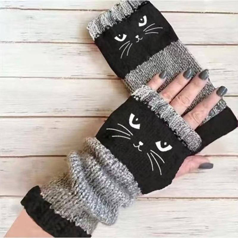 Women's Knitted Cute Cat Pattern Fingerless Gloves