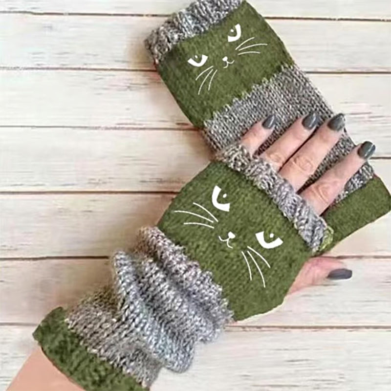 Women's Knitted Cute Cat Pattern Fingerless Gloves