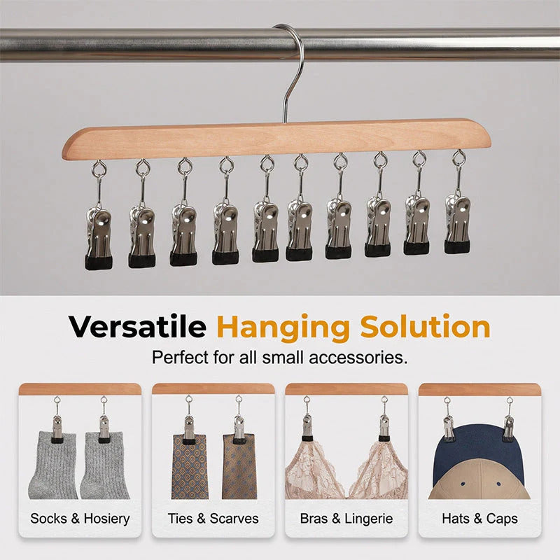 Wooden multi-clip hanger for wardrobe storage