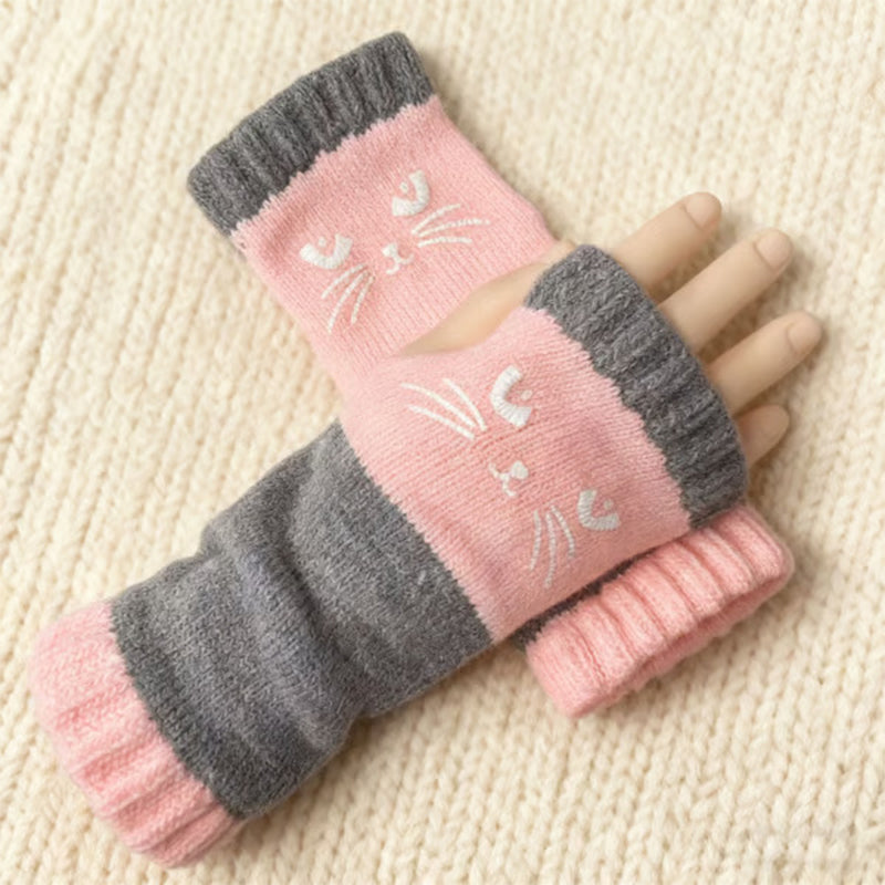 Women's Knitted Cute Cat Pattern Fingerless Gloves