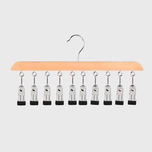 Wooden multi-clip hanger for wardrobe storage