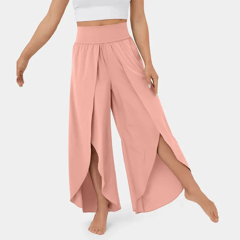 High Waist Back Pocket Flowy Slit Wide Leg Quick Dry Casual Pants