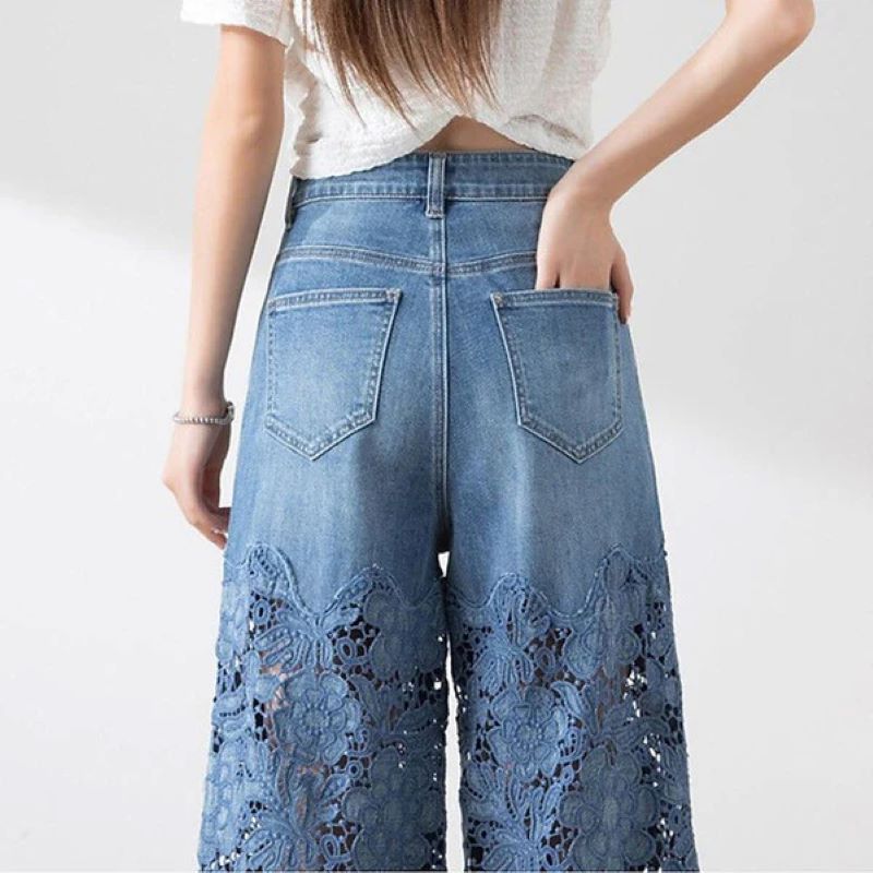 Women's hollow lace patchwork jeans