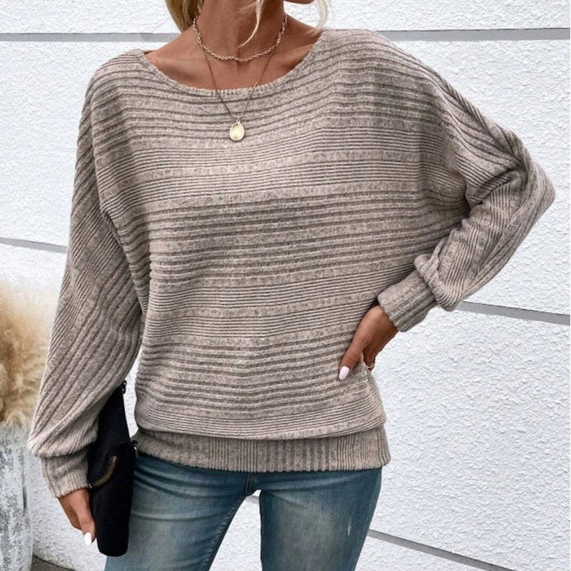 Solid Round-Neck Striped Top with Long Sleeves