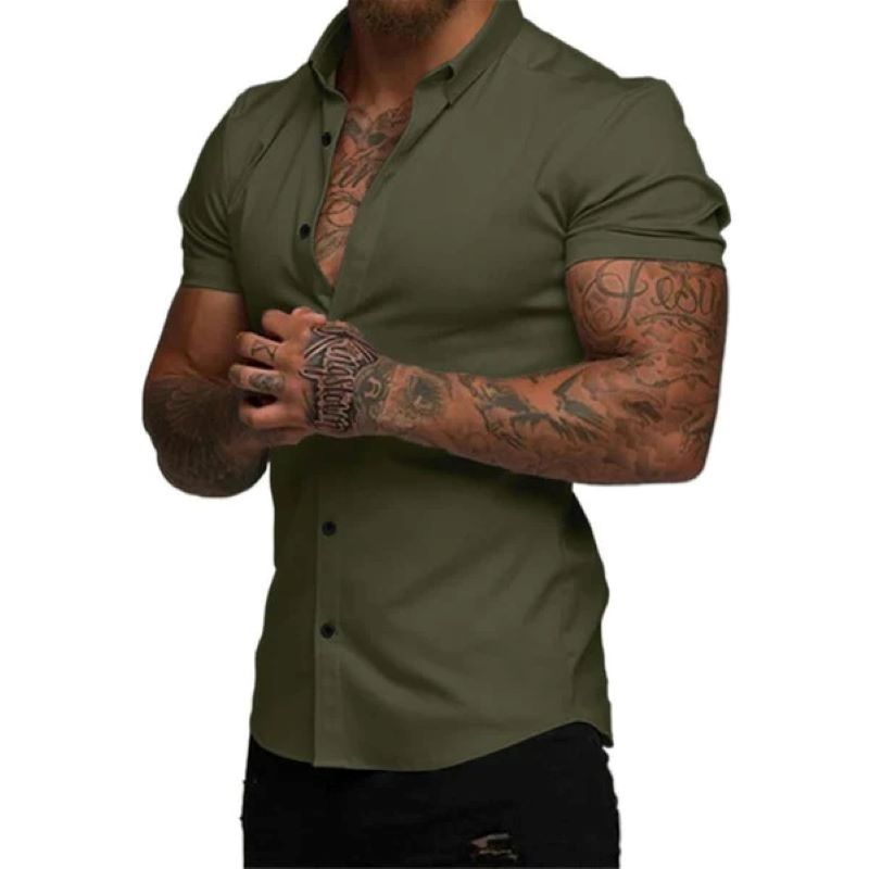 Men's solid color lapel short sleeve shirt