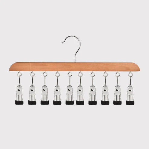 Wooden multi-clip hanger for wardrobe storage
