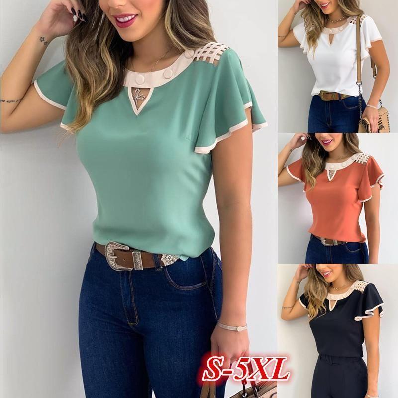 Cutout Ruffles Sleeve Contrast Binding T-shirt