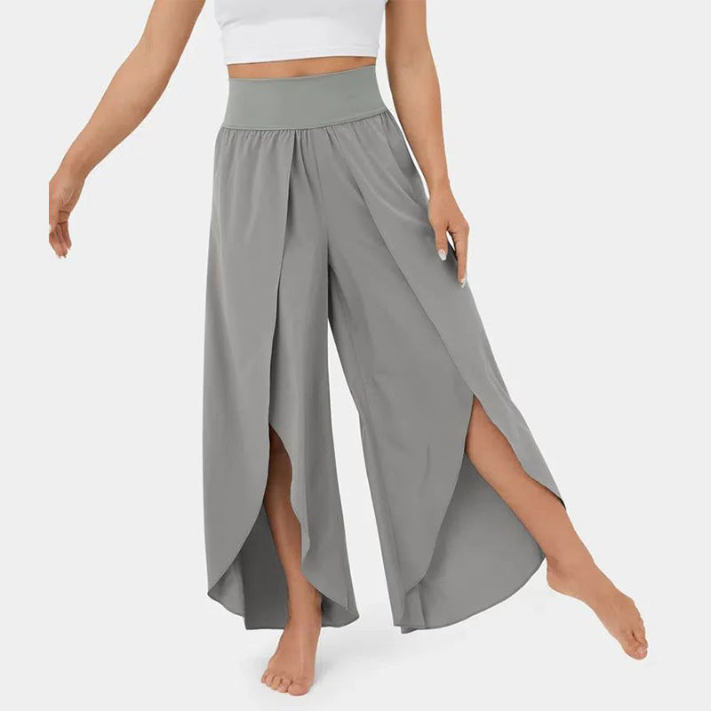 High Waist Back Pocket Flowy Slit Wide Leg Quick Dry Casual Pants