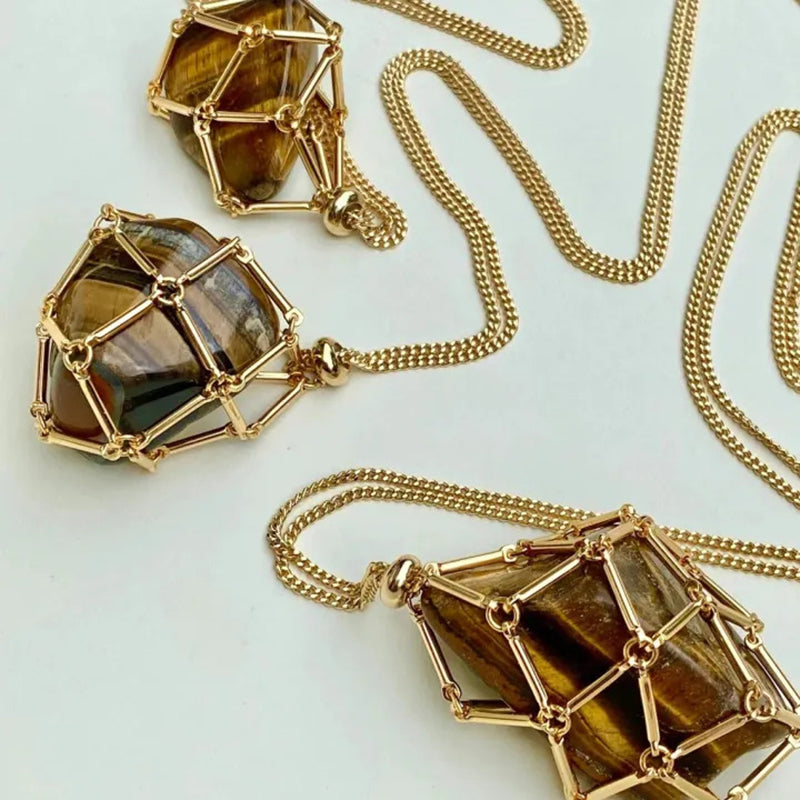 DIY Adjustable Natural Crystal Mesh Metal Bamboo Style Necklace