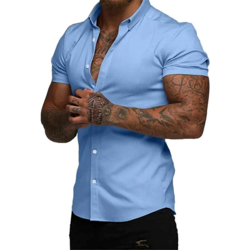 Men's solid color lapel short sleeve shirt