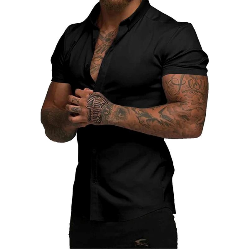 Men's solid color lapel short sleeve shirt