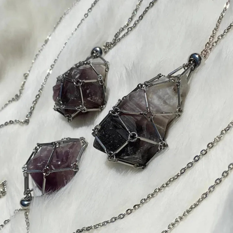 DIY Adjustable Natural Crystal Mesh Metal Bamboo Style Necklace