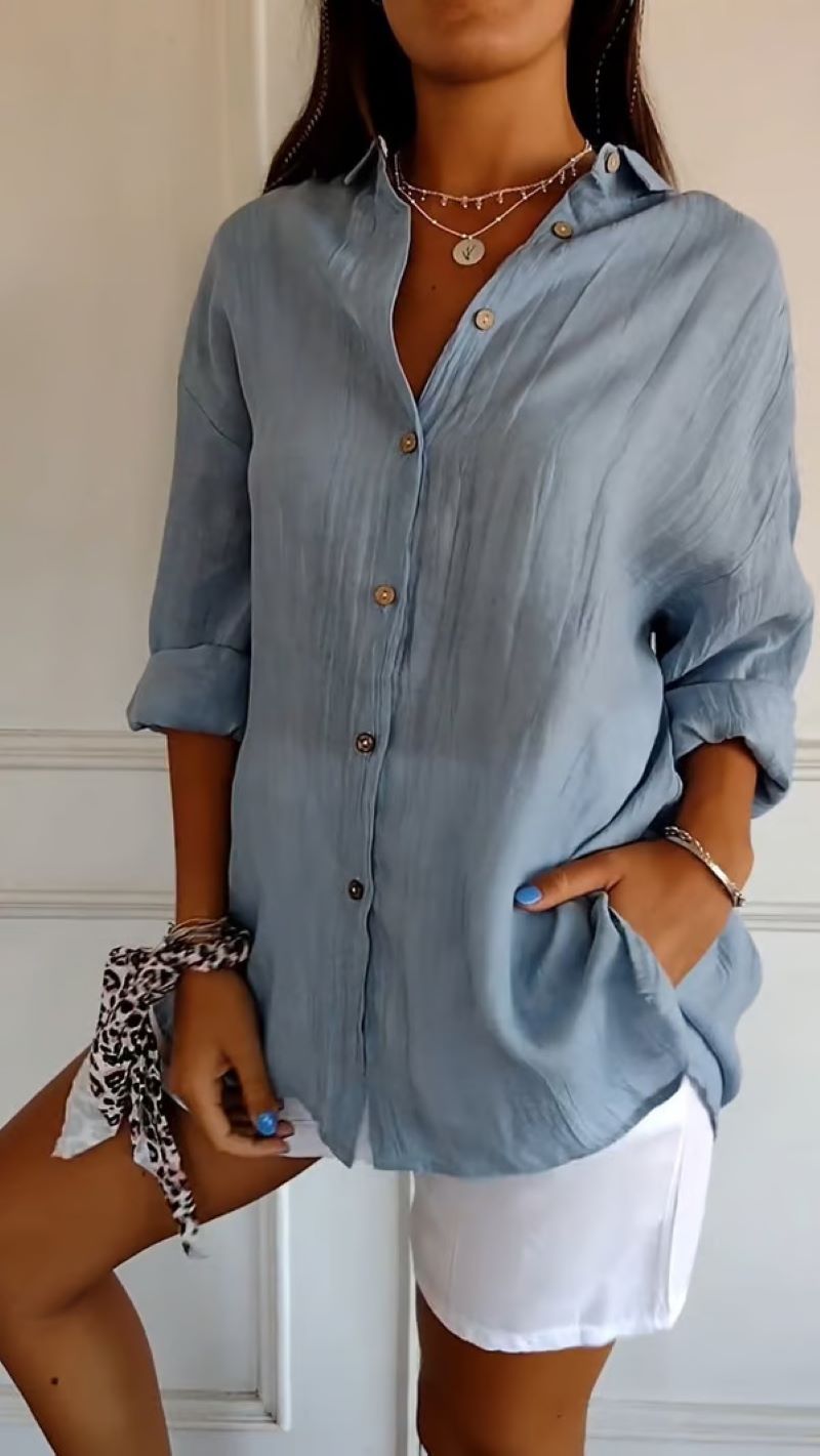 ✨Women's Cotton and Linen Casual Single-Breasted Pleated Lapel Shirt