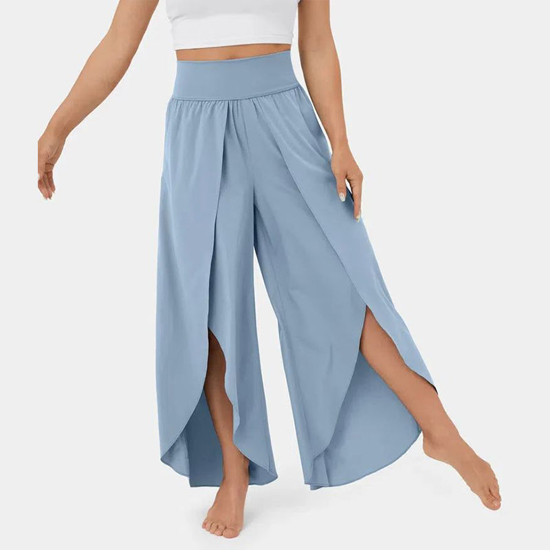 High Waist Back Pocket Flowy Slit Wide Leg Quick Dry Casual Pants
