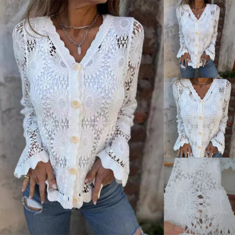 Women's V-neck lace long-sleeved top