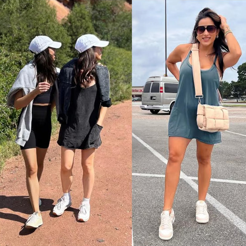 Women's Sleeveless V-Neck Tennis Dress with Shorts and Pockets