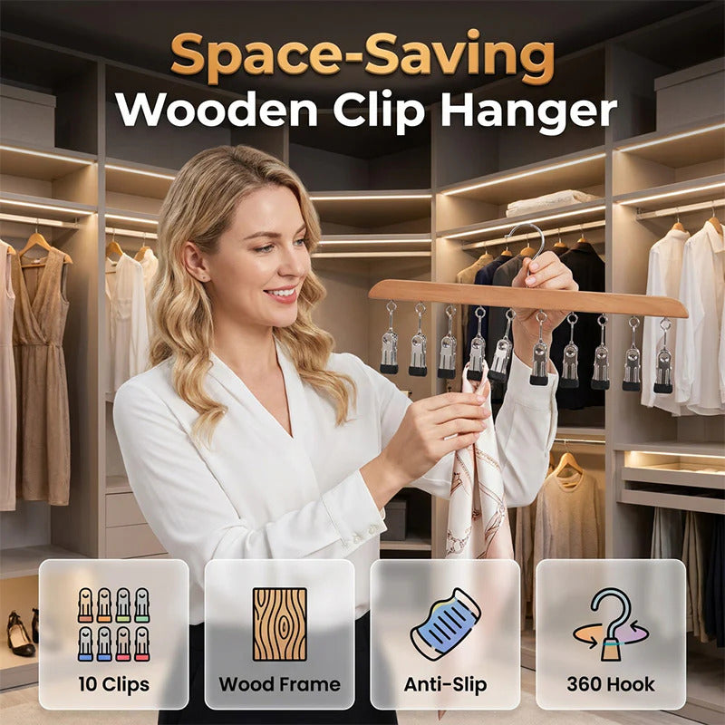 Wooden multi-clip hanger for wardrobe storage