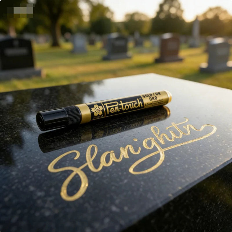 Gold pen used to restore faded inscriptions on tombstones