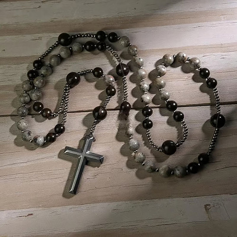 Natural Black Obsidian and Yooperlite Prayer Bead Necklace