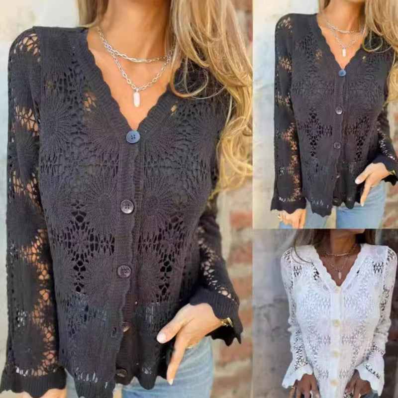 Women's V-neck lace long-sleeved top
