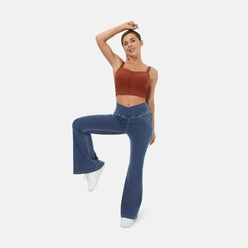 High-waisted stretch denim flared pants