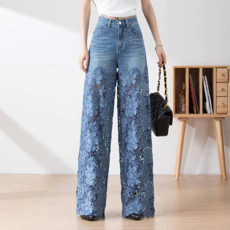 Women's hollow lace patchwork jeans