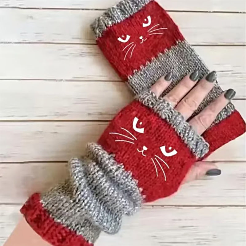 Women's Knitted Cute Cat Pattern Fingerless Gloves